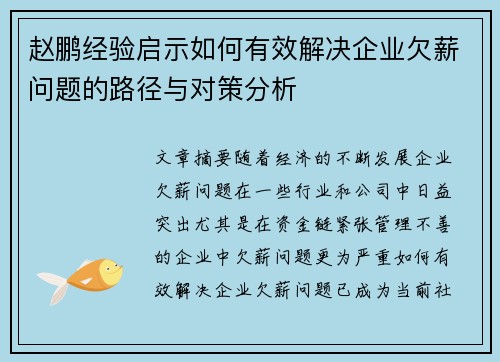 赵鹏经验启示如何有效解决企业欠薪问题的路径与对策分析