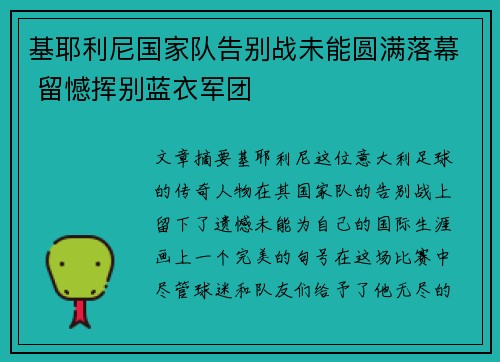 基耶利尼国家队告别战未能圆满落幕 留憾挥别蓝衣军团