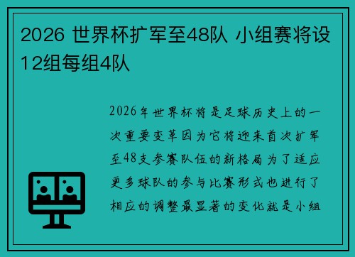 2026 世界杯扩军至48队 小组赛将设12组每组4队