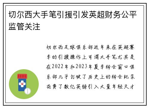 切尔西大手笔引援引发英超财务公平监管关注 切尔西大手笔引援引发英超财务公平监管关注
